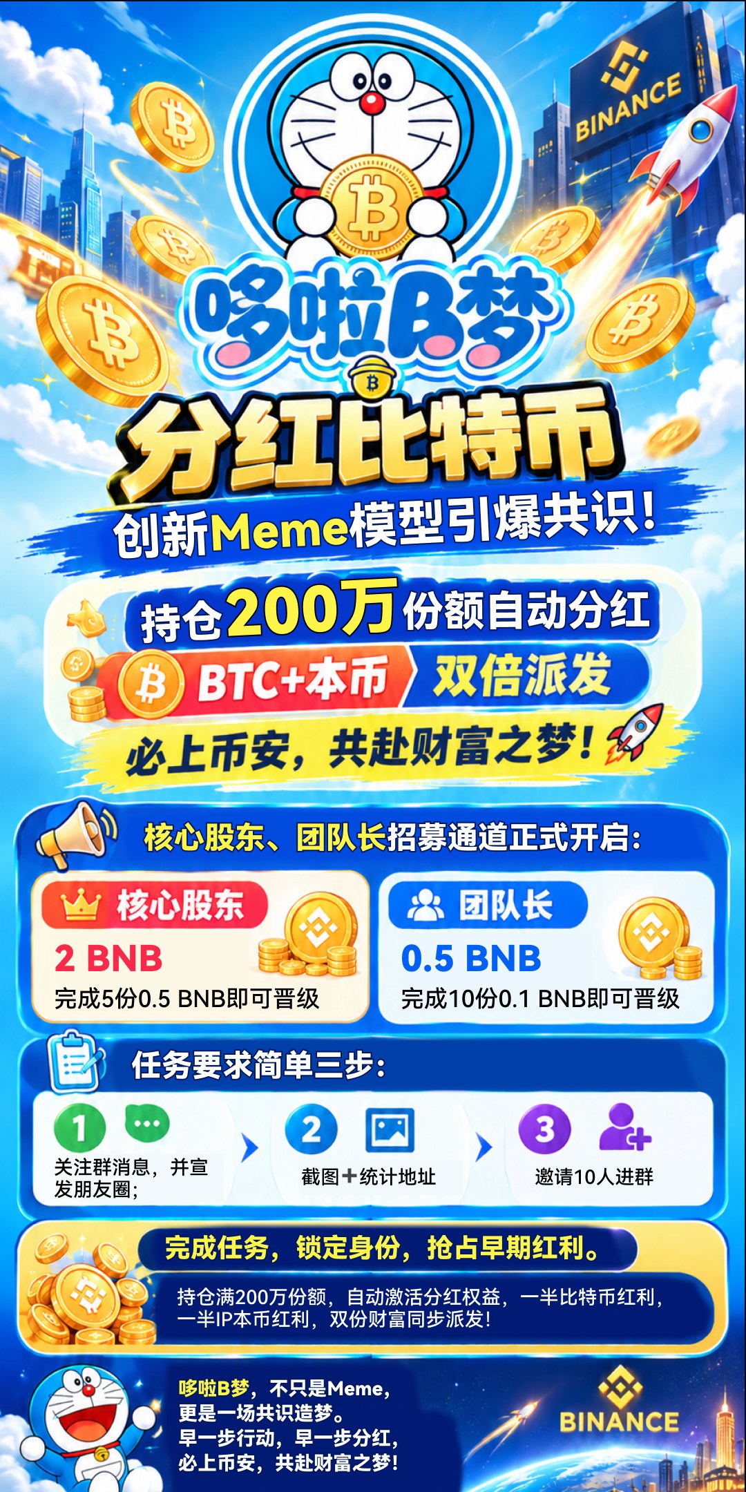 哆啦B梦官方海报 — 分红比特币、核心股东与团队长招募